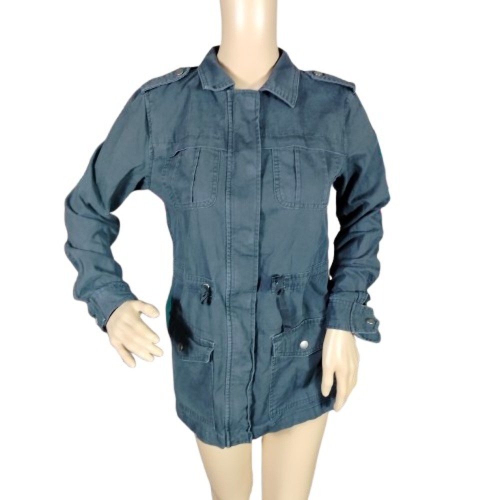 Merona Womens Utility Jacket Snap Full Zip Cinch‎ Waist Distressed Black Size XS
